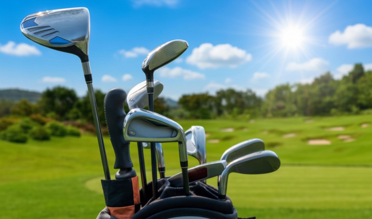 Image of golf clubs in a golf bag with golf course in background